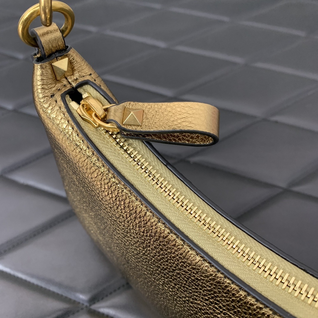 Valentino Garavani Rockstud Mini Hobo Bag in Gold Grainy Calfskin